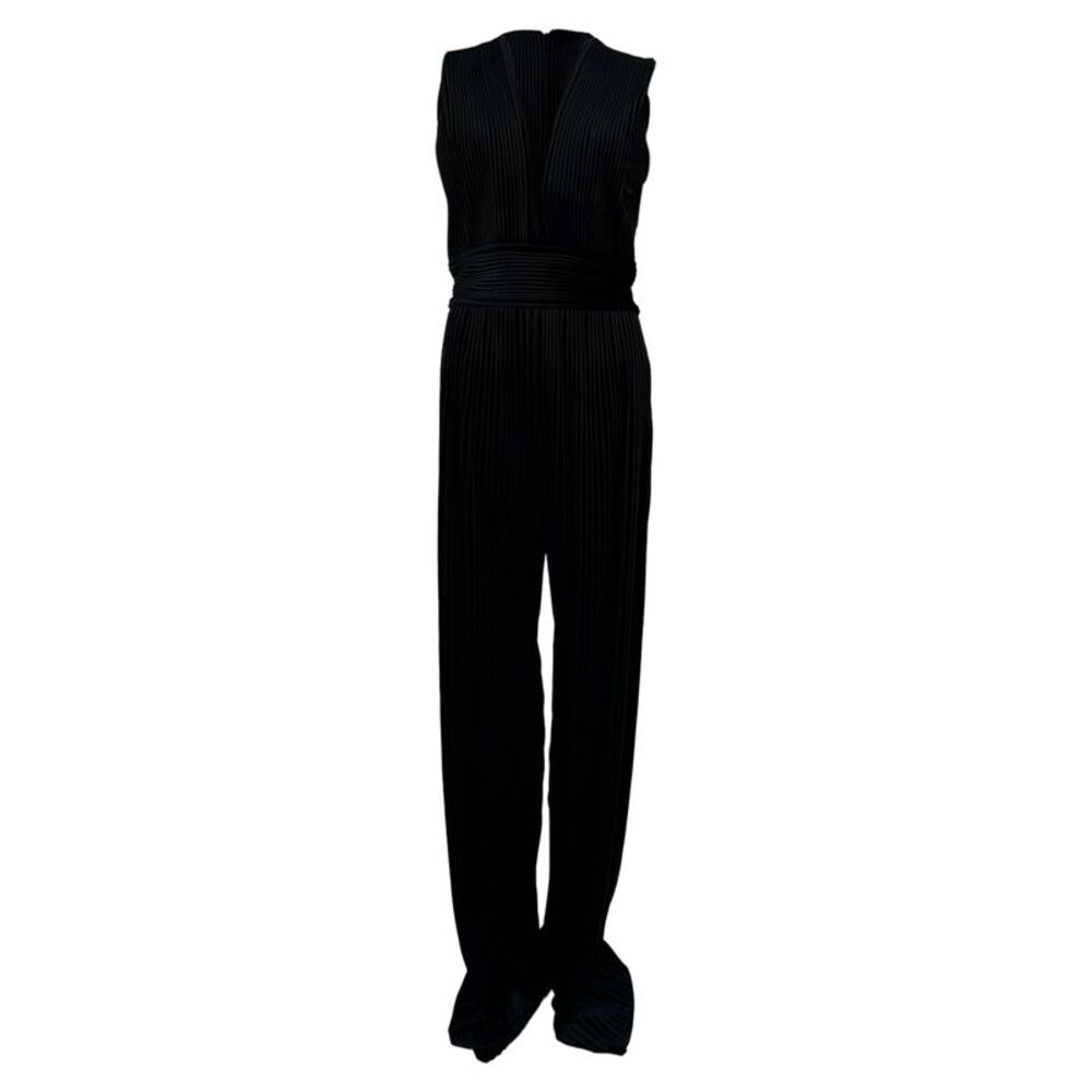 Balmain AW15 Pleated Velvet Plunging Jumpsuit in Black Polyester